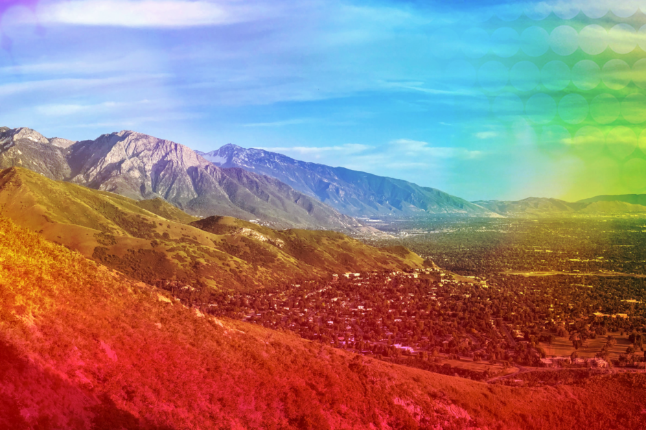 Panoramic view of the Salt Lake Valley with rainbow Pride gradient overlay